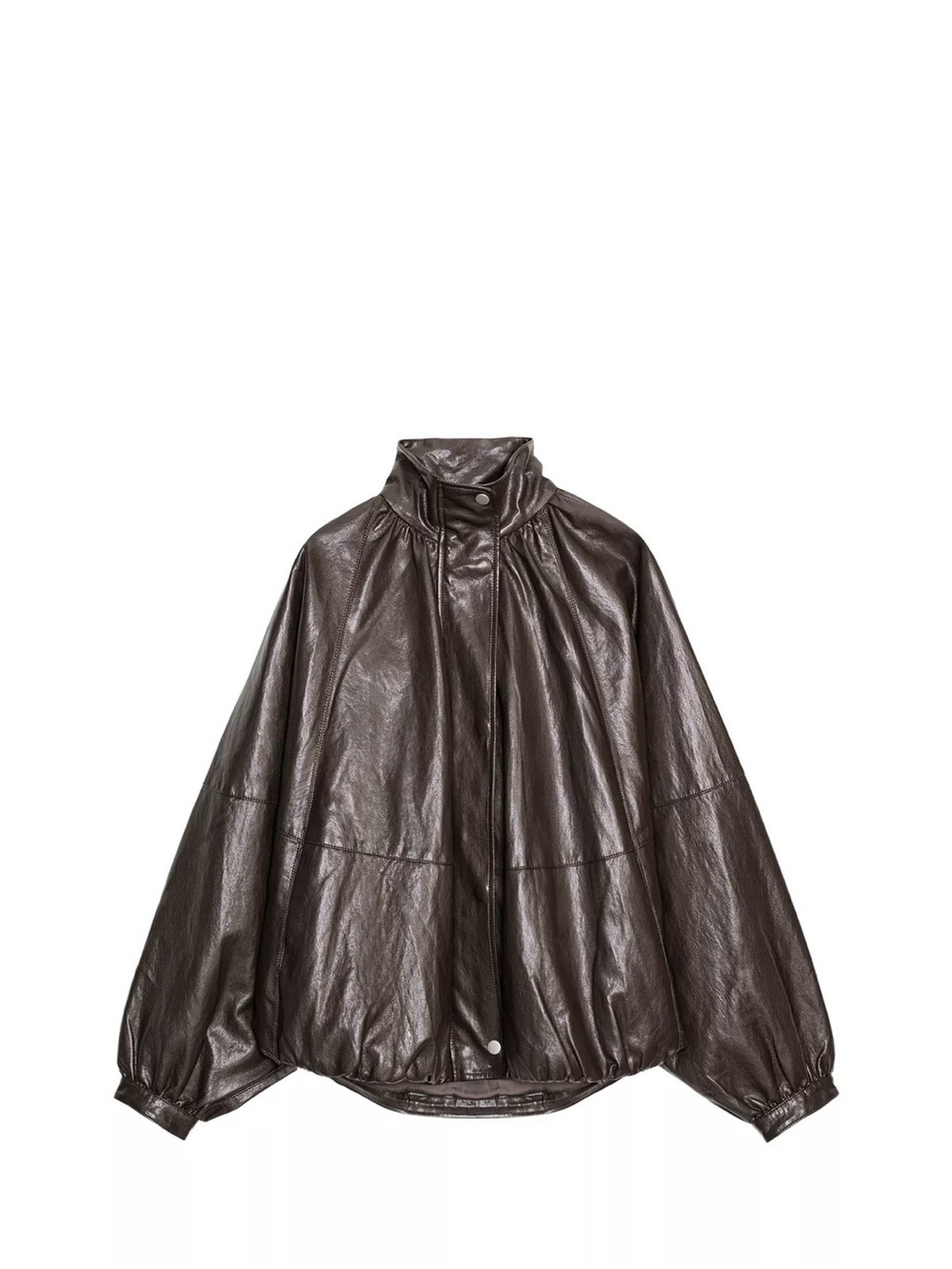 Zara Dark Brown Faux-Leather High-Collar Zip Jacket